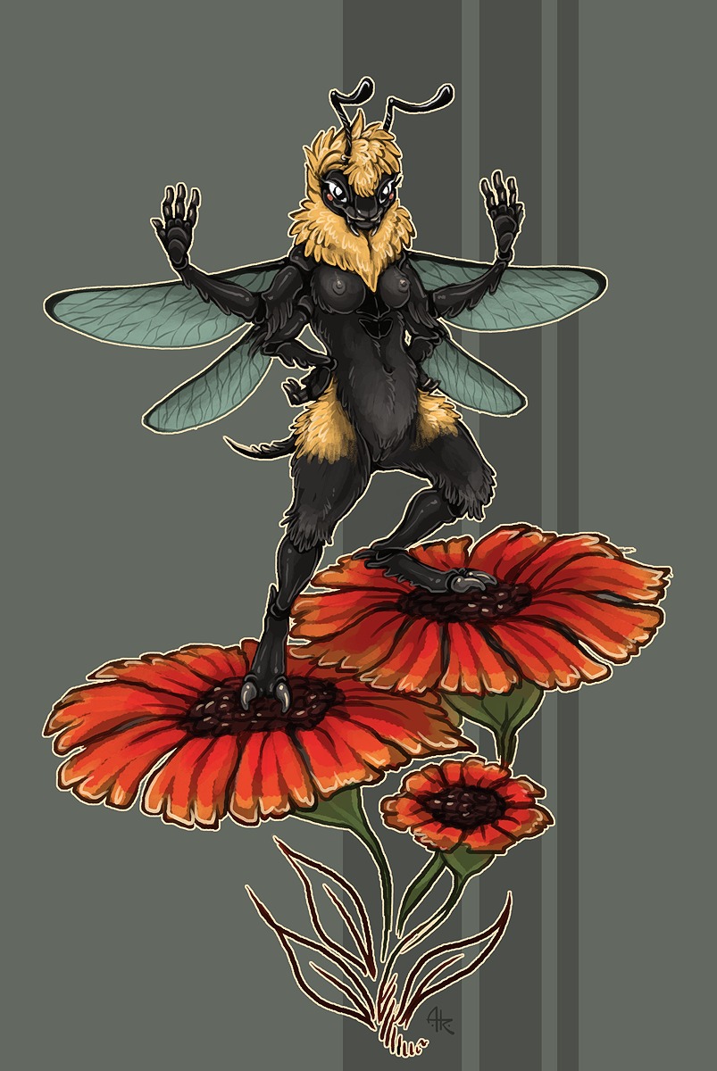 acidapluvia antennae_(anatomy) anthro arthropod bee breasts claws digitigrade e621 female flower fur fuzzy genitals hands_on_hips hi_res hymenopteran insect insect_wings multi_arm multi_limb non-mammal_breasts nude plant pose solo stinger vulva wings