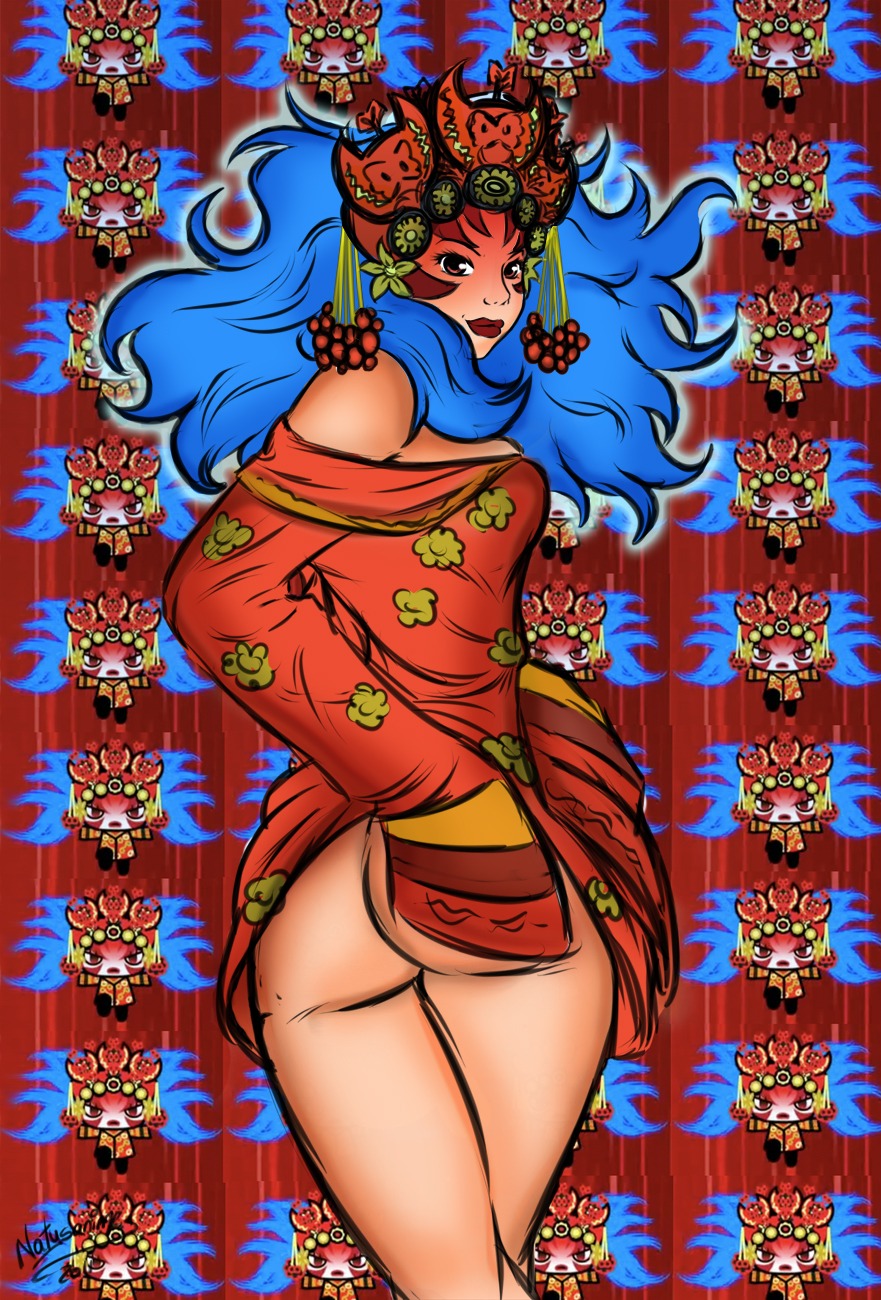 1girls 2011 apple_butt blue_hair detailed_background face_markings female functionally_nude head_ornament looking_at_viewer looking_back oddrich pucca_(franchise) red_eyes ring_ring rule34 solo_female tagme thick_lips