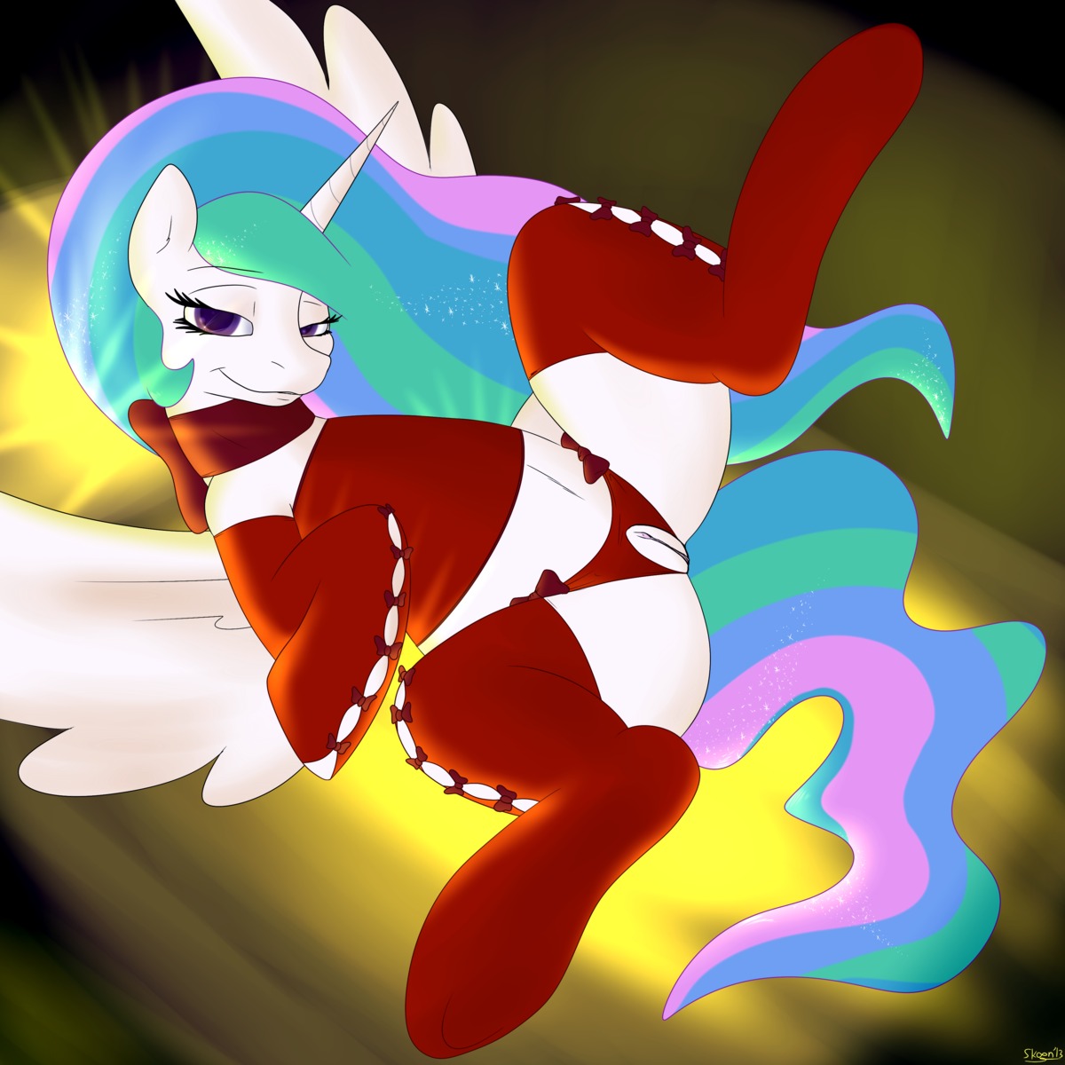 1:1 2013 absurd_res clothing conditional_dnp crotchless_clothing crotchless_panties crotchless_underwear digital_media_(artwork) e621 equid equine feathered_wings feathers female feral friendship_is_magic genitals hair hasbro hi_res horn inviting legwear looking_at_viewer mammal multicolored_hair my_little_pony mythological_creature mythological_equine mythology panties presenting princess princess_celestia_(mlp) quadruped royalty seductive skoon smile solo spread_legs spreading stockings tail underwear vulva white_body white_feathers winged_unicorn wings