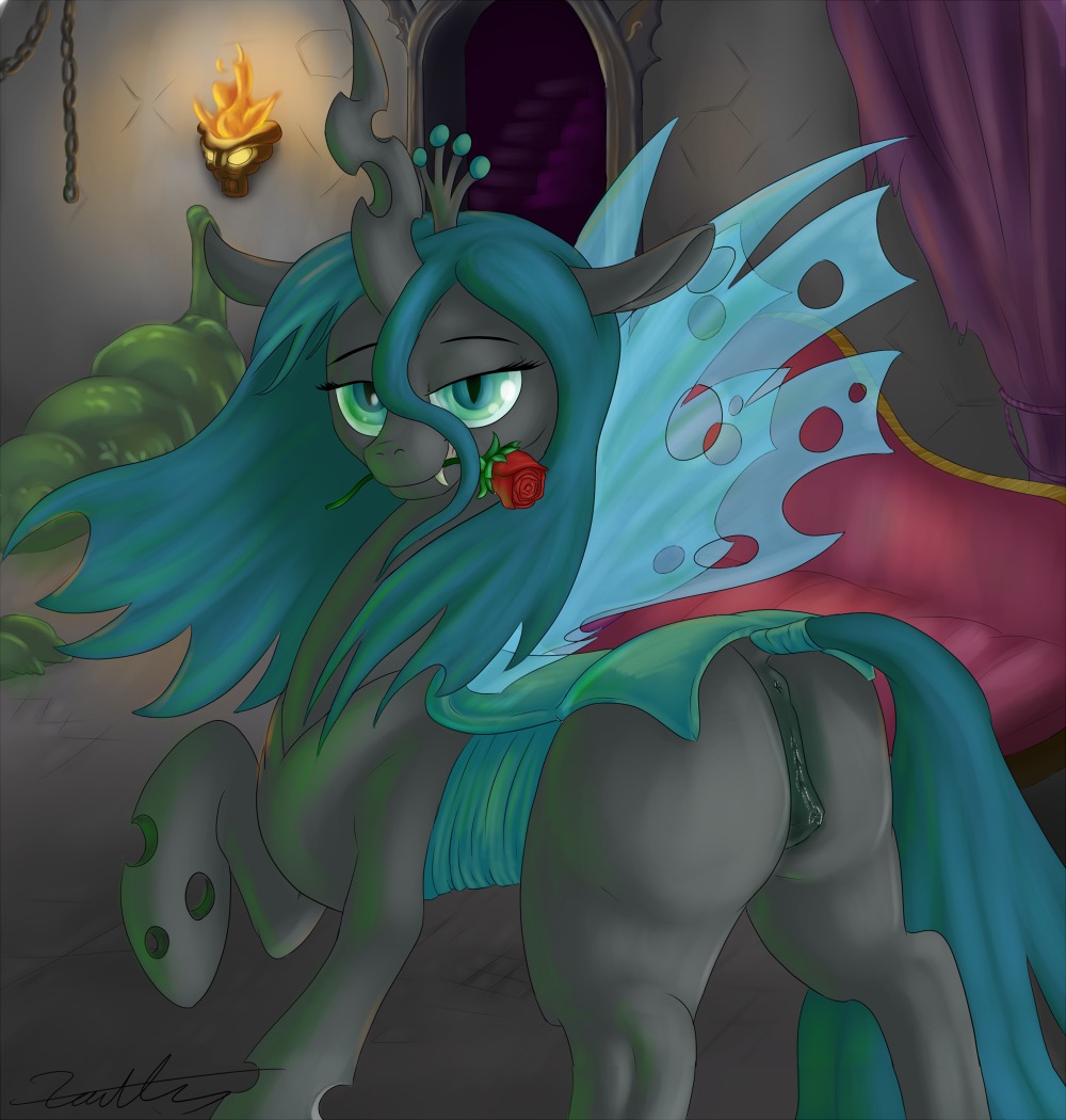 2014 anus arthropod butt changeling_(mlp) e621 female feral flower flower_in_mouth friendship_is_magic genitals hair hasbro horn insect_wings inside long_hair looking_at_viewer my_little_pony plant queen_chrysalis_(mlp) rose_(flower) rose_in_mouth solo vulva wings xanthor