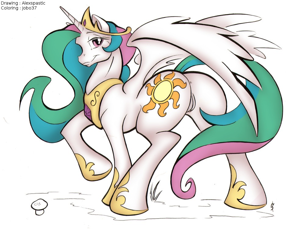crown e621 equid equine feathered_wings feathers female feral friendship_is_magic genitals hair hasbro headgear horn jobo37 long_hair mammal my_little_pony mythological_creature mythological_equine mythology princess_celestia_(mlp) solo vulva white_body white_feathers winged_unicorn wings
