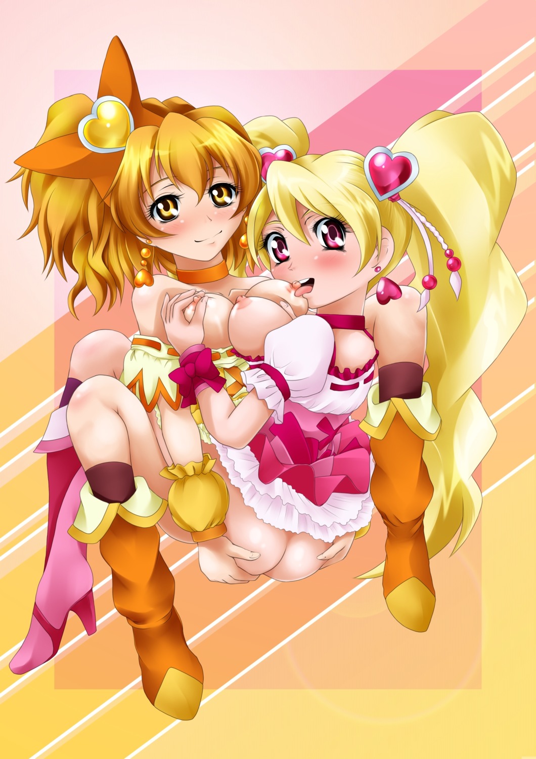 2girls bow breasts clothing cure_peach cure_pine dress female female_only fresh_precure! fresh_pretty_cure inori_yamabuki kurogane_(artist) magical_girl majesticrune medium_breasts momozono_love multiple_females multiple_girls precure pretty_cure rule34 tagme yuri