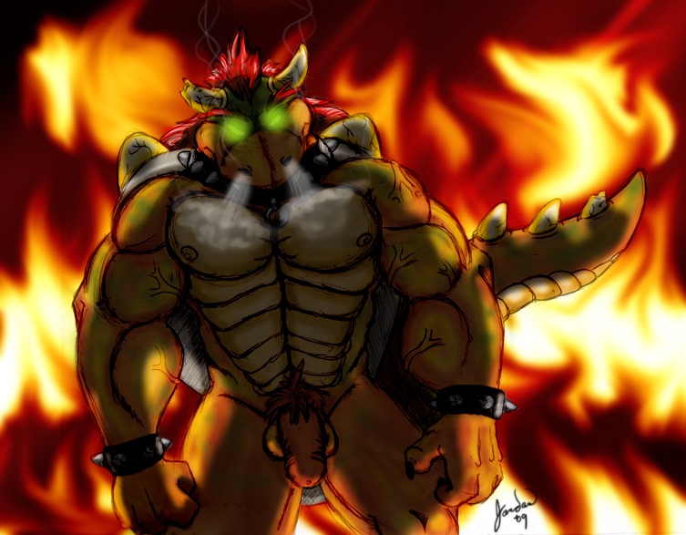 1boy anthro anthrofied balls bowser fire front_view glowing_eyes huge_muscles jandan koopa male male_only mario_(series) muscles nintendo nipples penis rule34 scalie solo standing tagme