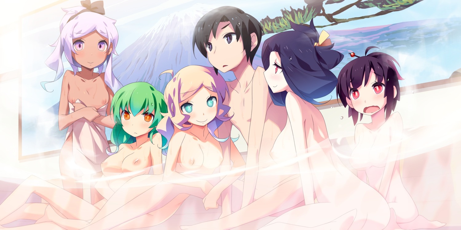 5girls akinoko bath black_eyes black_hair blue_eyes chitoseya_touko doudou_momo female game_cg gradient_hair green_hair highres ichimakase_otome kaminoyu kamiya_yoshito koushina_ayano mixed_bathing mizumoto_anri multicolored_hair multiple_females multiple_girls nude orange_eyes purple_eyes red_eyes rule34 towel white_hair