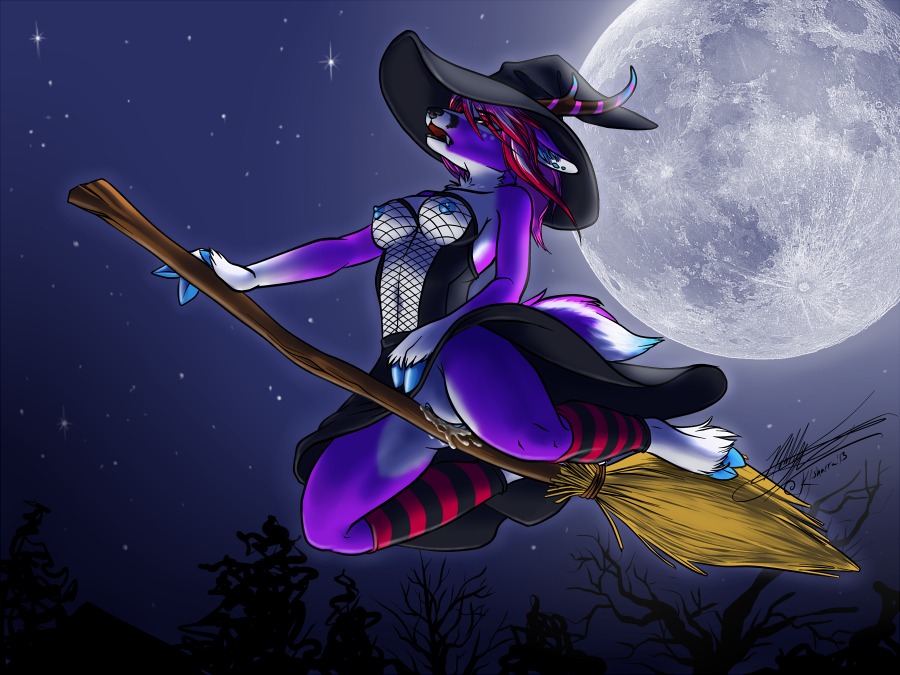 4:3 anthro bodily_fluids breasts broom broom_riding canid canine cleaning_tool clothed clothing e621 fangs female full_moon genital_fluids genitals halloween hat headgear headwear holidays hooves horn hybrid ksharra magic_user mammal midair moon night outside skimpy sky solo star starry_sky teeth vaginal_fluids vulva witch witch_hat