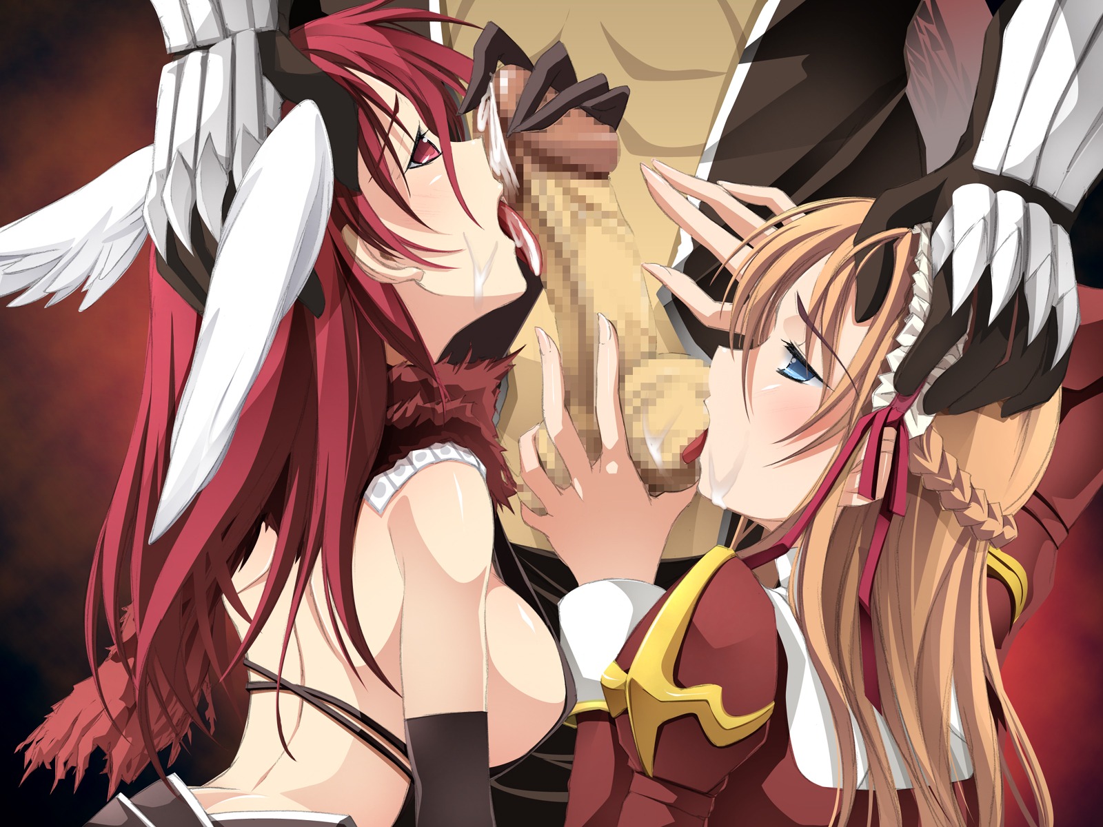 2girls blue_eyes breasts censored clothing cum female high_priest kyoro_(cothurnus) medium_breasts multiple_females multiple_girls oral_sex ragnarok_online red_eyes red_hair rule34 threesome