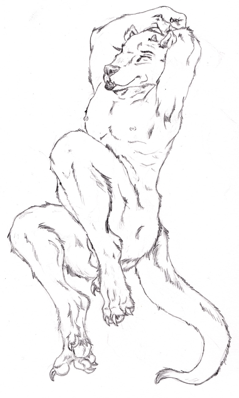 4_toes animal_genitalia arms_above_head balls black_and_white black_nose butt claws digitigrade e621 eyes_closed feet flaccid genitals hi_res hindpaw horn male monochrome nipples nude paws penis semiotica sheath simple_background smile solo tail teeth toes underbite