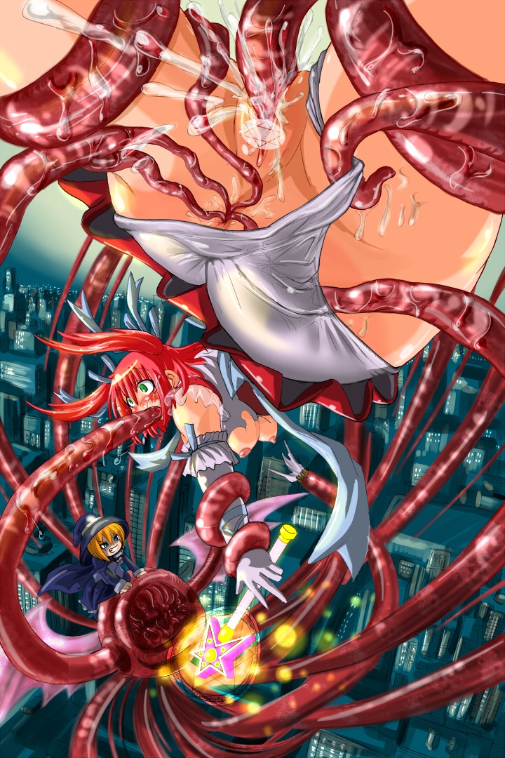 2girls anal blush breasts cum female green_eyes interspecies monster multiple_females multiple_girls oral pussy red_hair rule34 smile tentacle vaginal_penetration