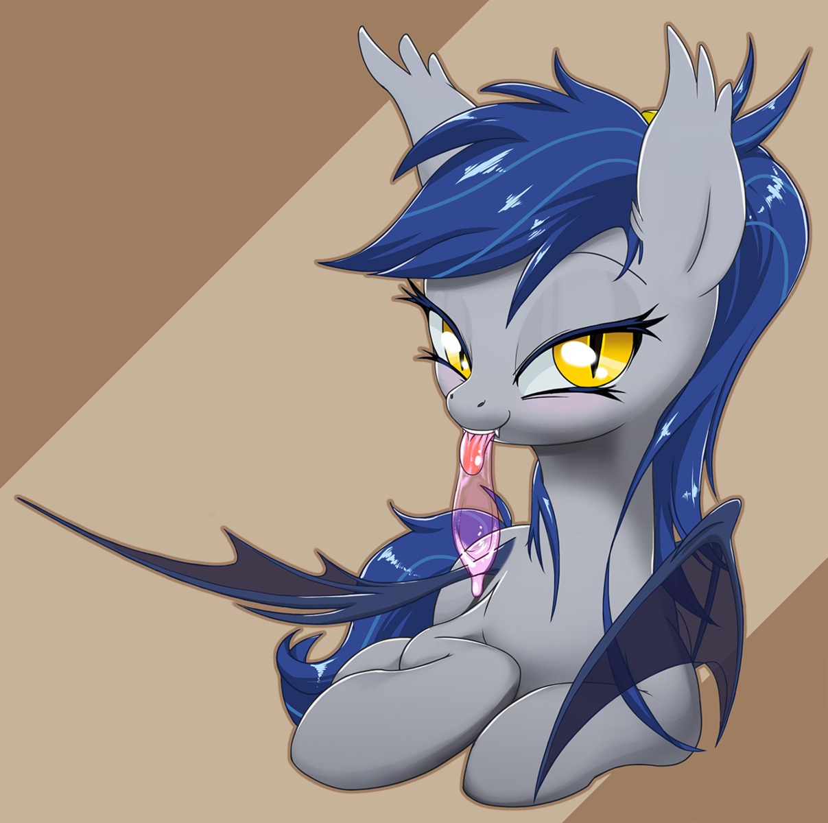 bat bat_pony blue_hair bodily_fluids condom condom_in_mouth cum digital_media_(artwork) e621 equid equine fan_character fangs female feral fur genital_fluids grey_body grey_fur hair hasbro hi_res light looking_at_viewer lying mammal membrane_(anatomy) membranous_wings moonlight mouth_hold my_little_pony mythological_creature mythological_equine mythology object_in_mouth on_side pegasus pupils sexual_barrier_device simple_background slit_pupils solo stoic5 teeth thestral translucent translucent_wings wings yellow_eyes