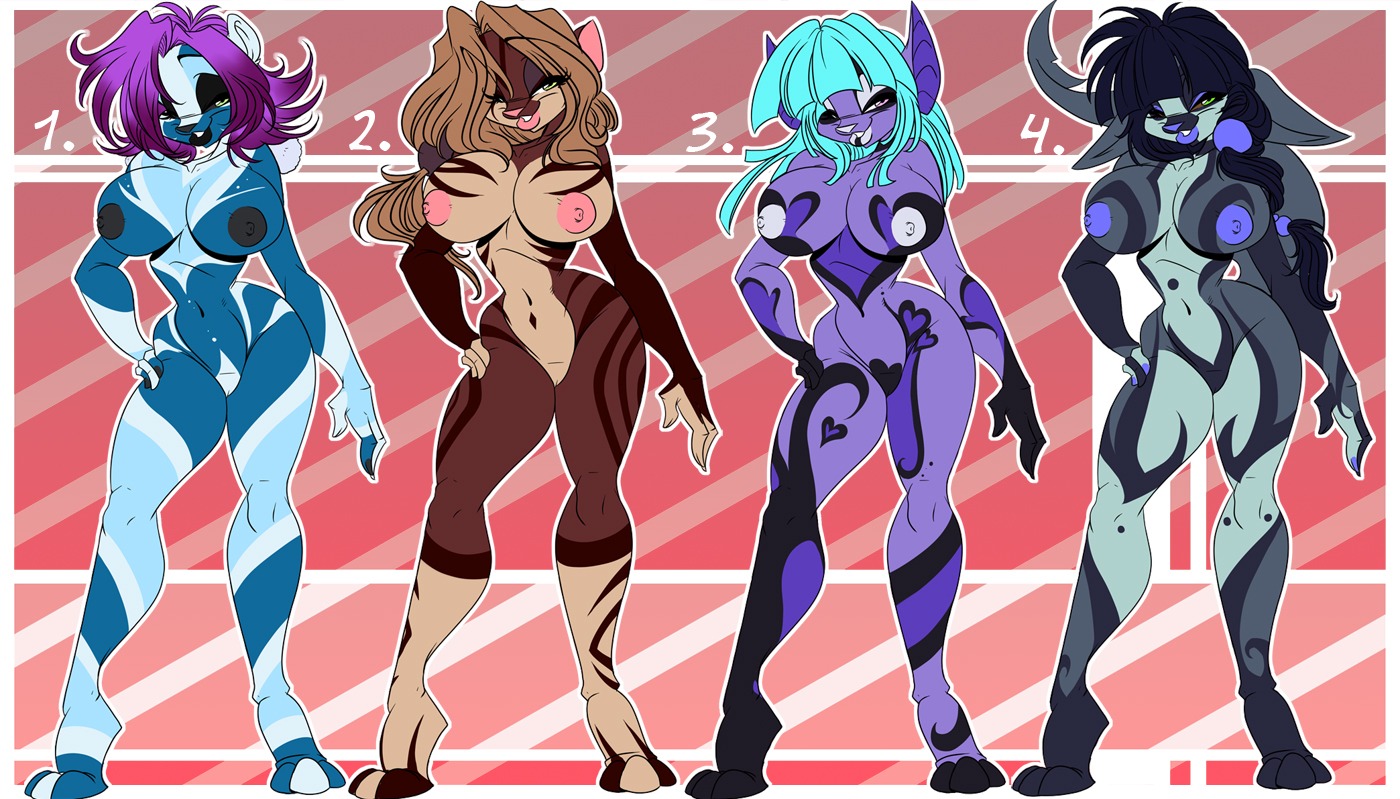 anthro aquatic bat big_breasts black_hair blue_hair breasts brown_hair crystal-for-ever digital_media_(artwork) e621 felid female fish genitals group hair heart_symbol lineup long_hair looking_at_viewer mammal nipples nude pose purple_hair shark standing vulva
