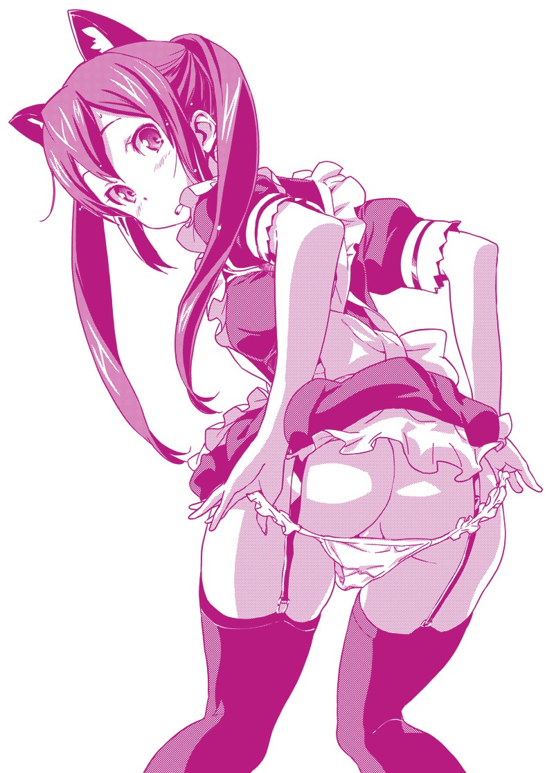 alternate_costume animal_ears ass azusa_nakano_(k-on!) blush cat_ears enmaided female female_only from_behind garters human human_only k-on! looking_back maid monochrome panties panty_pull rule34 sameda_koban solo thighhighs tied_hair twintails underwear undressing