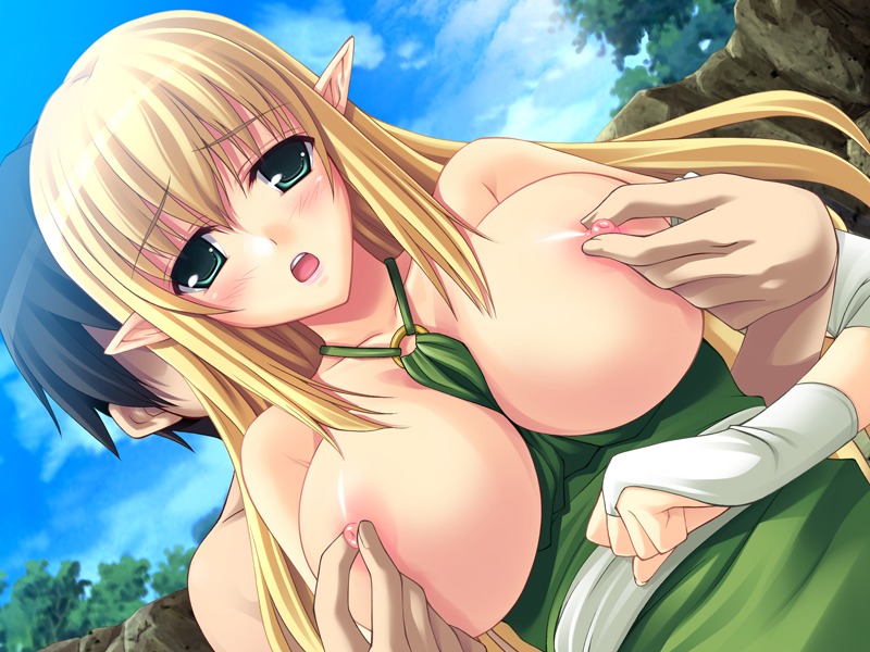 between_breasts blonde_hair blush breast_grab breasts bridal_gauntlets clothes_between_breasts clothing elf female game_cg green_eyes huge_breasts large_breasts long_hair nipple_tweak nipples open_mouth pointy_ears rule34 team-tanabe tiffania_westwood zero_no_tsukaima