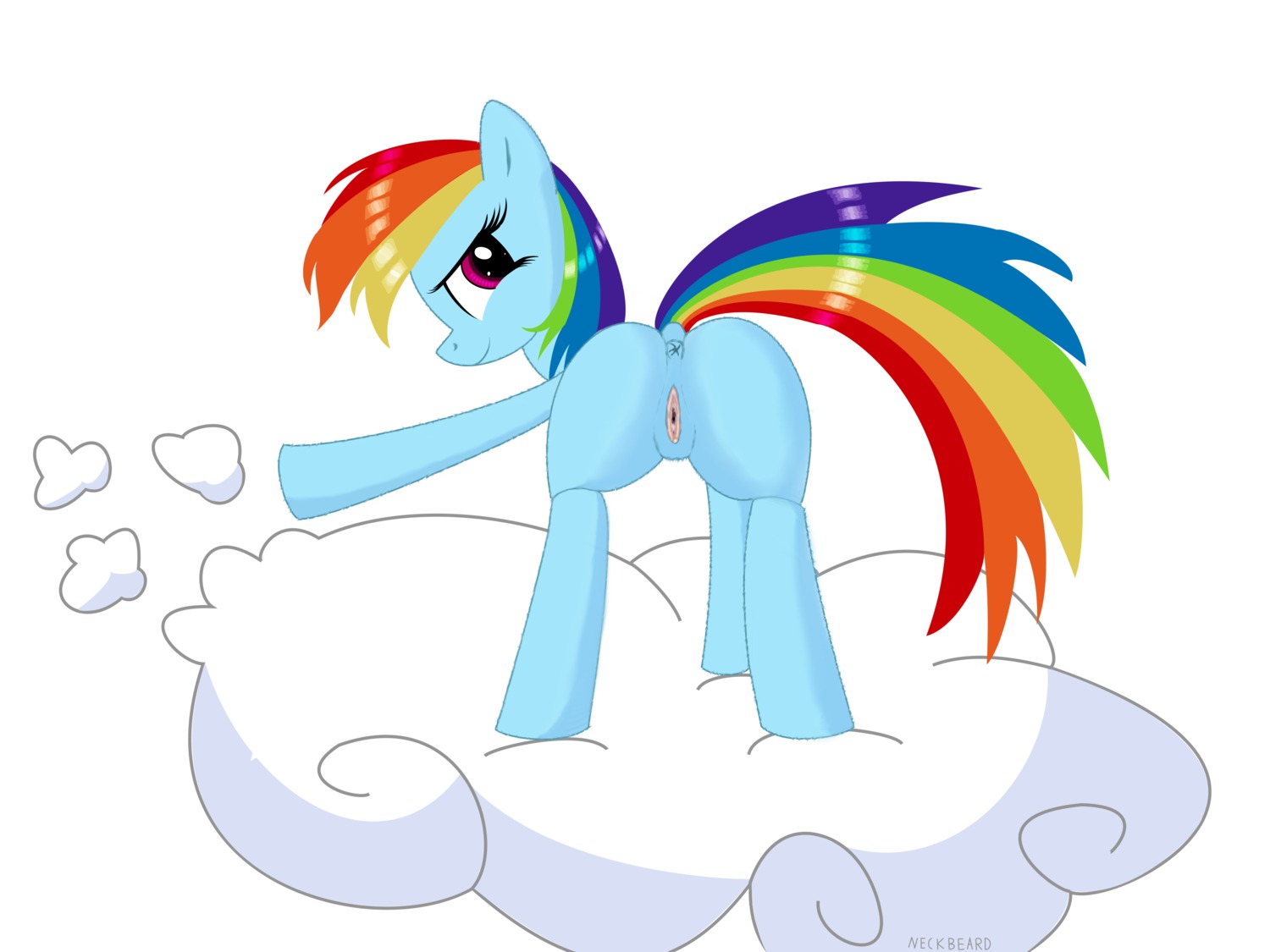 4:3 absurd_res anus blue_body blue_fur butt cloud e621 equid equine female feral friendship_is_magic fur genitals hair hasbro hi_res horse looking_at_viewer looking_back mammal multicolored_hair multicolored_tail my_little_pony neckbeardotw on_cloud outside pink_eyes pony rainbow_dash_(mlp) rainbow_hair rainbow_tail rear_view simple_background sky smile solo standing tail vulva white_background