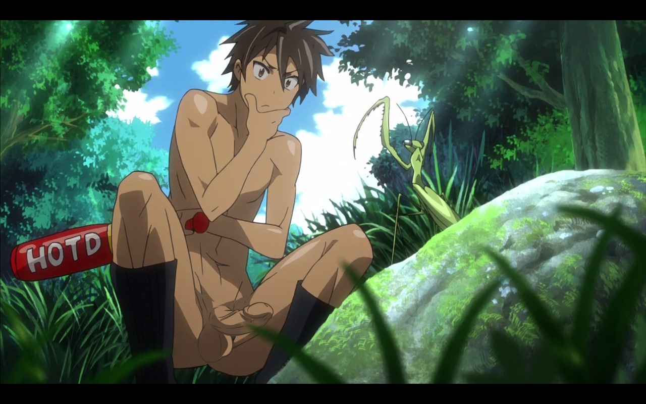 1boy ass baseball_bat black_socks brown_eyes brown_hair edit erection forest forest_background gay grass hand_on_chin highschool_of_the_dead male male_focus male_only mantis nude penis praying_mantis rock rule34 socks solo squat squatting takashi_komuro thinking uncensored yaoi