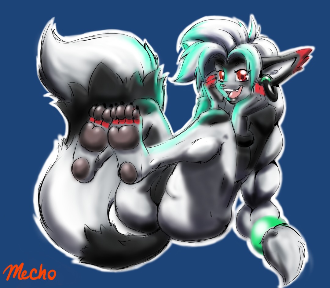 anthro braided_hair breasts butt canid canine e621 feet female fluffy fluffy_tail genitals hair hindpaw looking_at_viewer mammal mechogama paws plantigrade red_eyes solo tail vulva