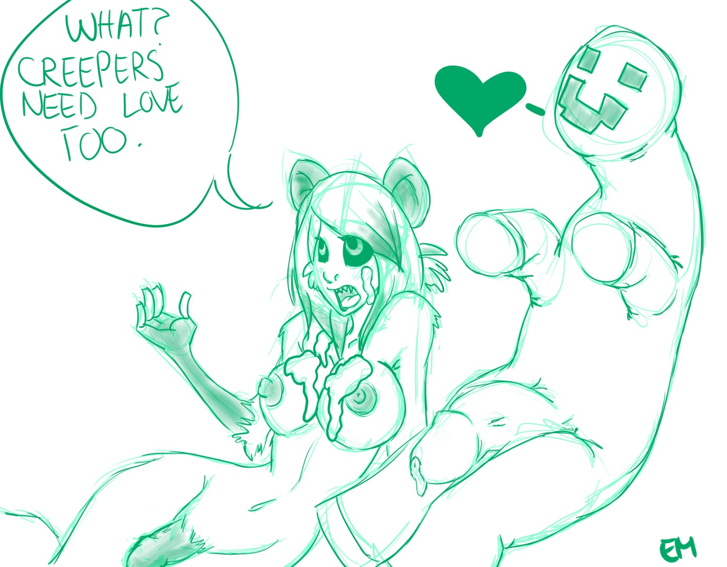 alternate_species american_opossum anthro breasts creeper_(minecraft) dr_emery duo e621 emery_(dr_emery) furrification genitals green_and_white gynomorph gynomorph/male half-erect heart_symbol hi_res humanoid_genitalia humanoid_penis intersex intersex/male male mammal marsupial microsoft minecraft mojang monochrome nipples penis question_mark simple_background sketch virginia_opossum white_background xbox_game_studios