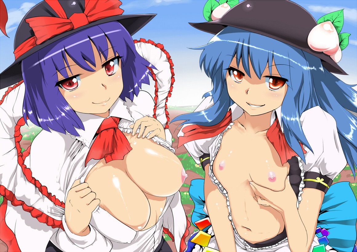 2girls big_breasts blue_hair bow bra breast_hold breast_lift breasts female female_only flat_chest food fruit grin hat huge_breasts hyudora iku_nagae lingerie looking_at_viewer multiple_females multiple_girls naughty_face navel nipples peach_(fruit) purple_hair rule34 seductive seductive_smile smile take_your_pick teasing tenshi_hinanawi touhou underwear