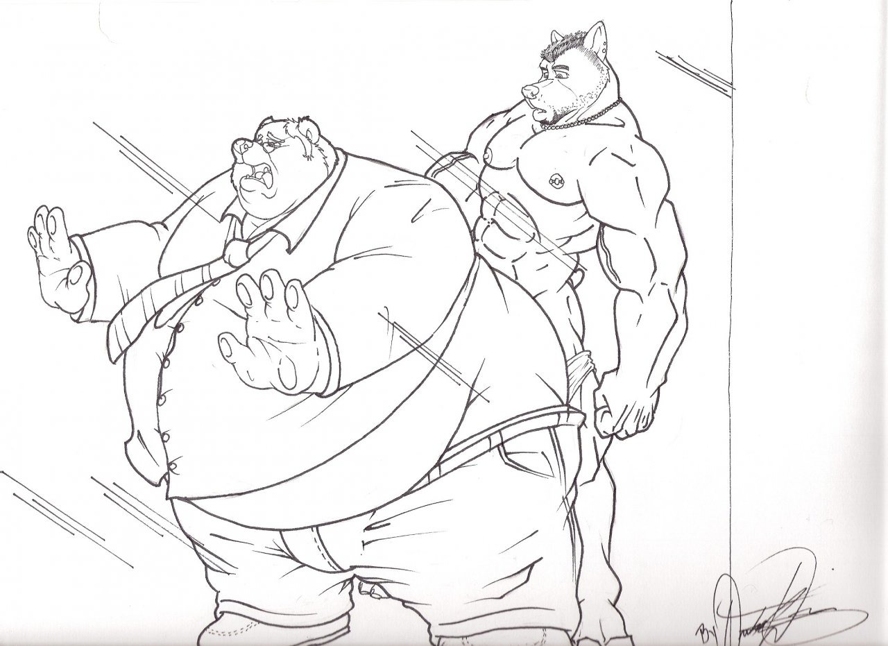 against_surface against_wall anthro bear belly belly_overhang canid canine canis clothing dirtymutt domestic_dog duo e621 larger_sub male male/male mammal morbidly_obese muscular muscular_male nipples obese overhang overweight sex size_difference submissive suit thegaminggrizzly