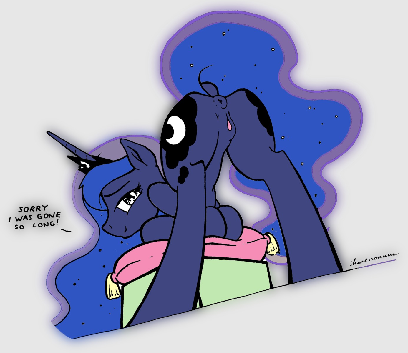 2014 animal_genitalia animal_vulva anus blue_body blue_fur blue_hair butt cutie_mark e621 equid equine equine_genitalia equine_vulva female feral friendship_is_magic fur genitals hair hasbro hi_res horn ihavnoname long_hair looking_at_viewer mammal my_little_pony mythological_creature mythological_equine mythology pillow presenting princess_luna_(mlp) romanji_(artist) smile solo unicorn vulva