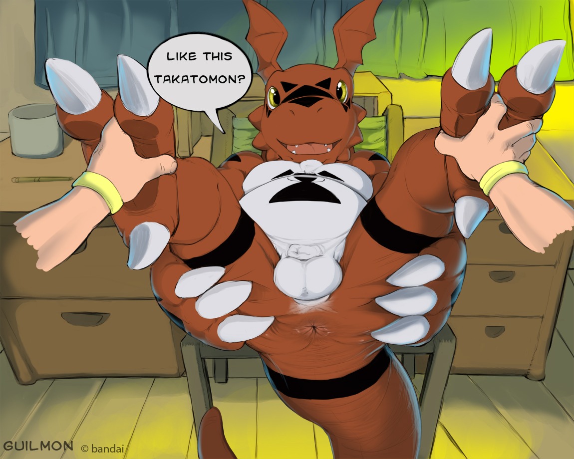 5:4 ambiguous_gender anthro anus balls bandai_namco bent_legs butt claws dialogue digimon digimon_(species) digiphilia digital_hazard disembodied_hand duo e621 english_text extended_arms feet foot_grab genitals guilmon hand_on_butt hand_on_foot hand_on_own_butt hands_on_legs hands_on_own_legs hands_on_own_thighs hands_on_thighs holding_both_legs holding_both_thighs holding_butt human interspecies inverted_zero_unit legs_up looking_at_viewer lying male male/ambiguous mammal markings narse on_back presenting scalie spread_butt spread_legs spreading symbol tail text yellow_eyes zero_unit