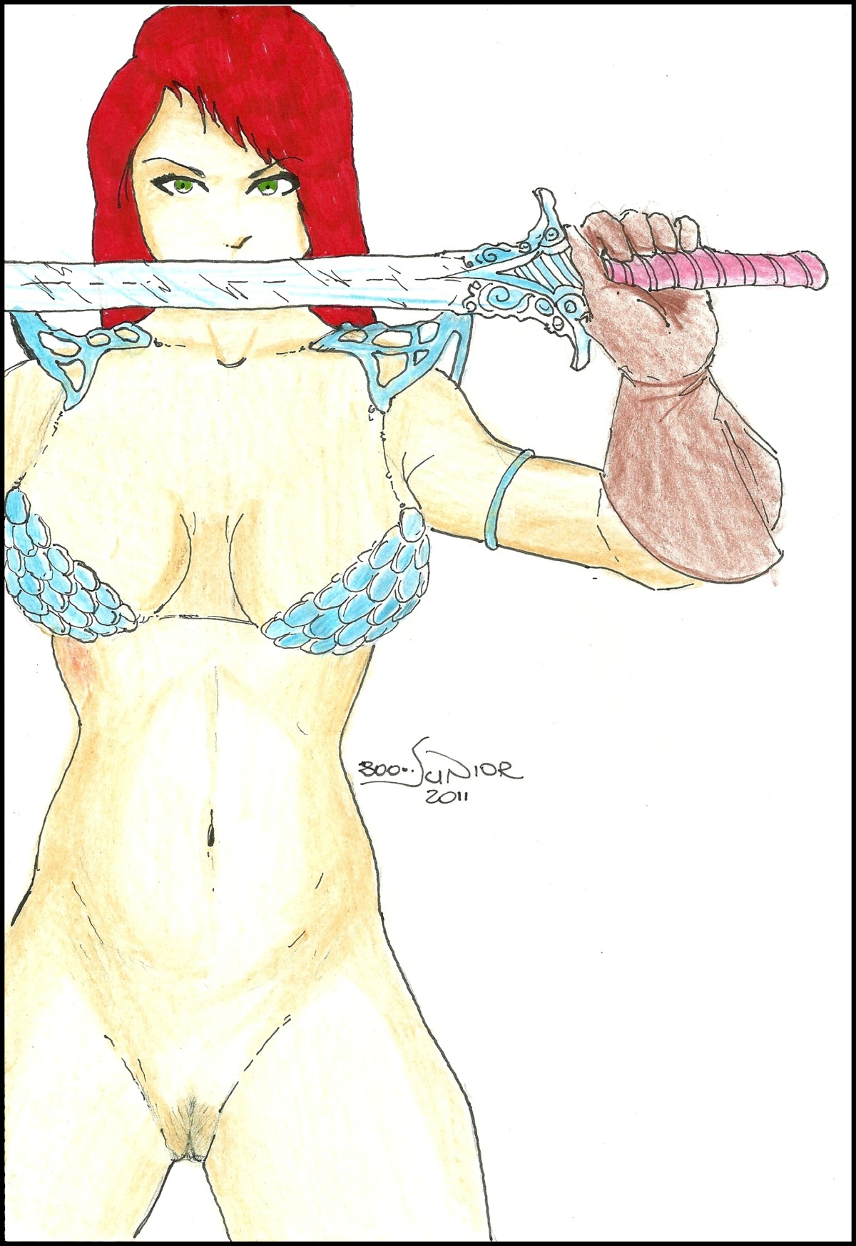 1girls 2011 armor behelit73 bikini_armor bottomless chainmail chainmail_bikini female female_only front_view green_eyes holding_sword human marvel marvel_comics pussy red_hair red_sonja red_sonja_(comics) rule34 solo solo_female standing sword tagme white_background