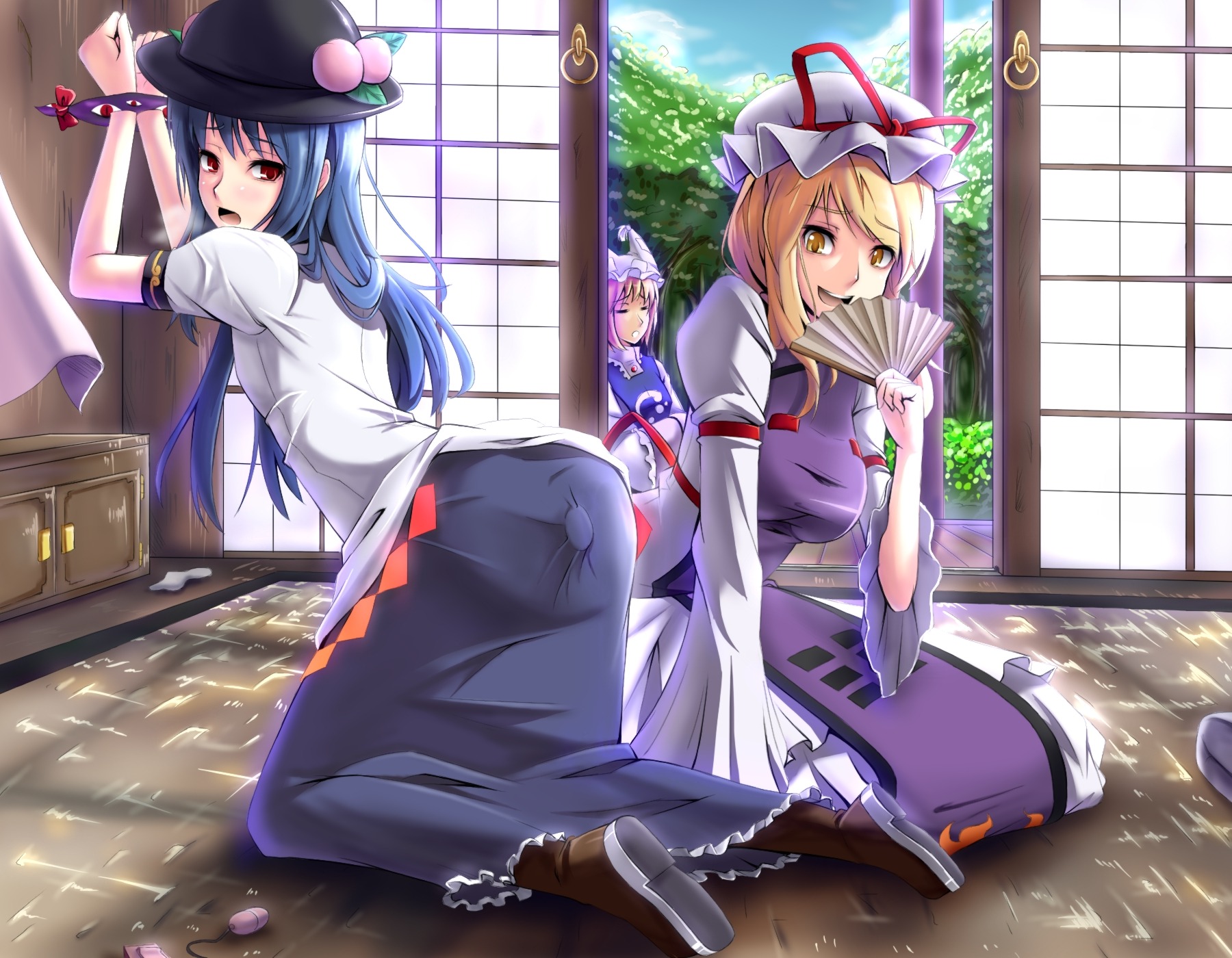 blonde_hair blue_hair bondage bound_wrists clothing dildo egg_vibrator female food fox_ear fruit gap gayprince hat highres long_hair masochism masochist peach_(fruit) ran_yakumo red_eyes rule34 shouji sliding_doors tenshi_hinanawi touhou vibrator vibrator_bulge yellow_eyes yukari_yakumo