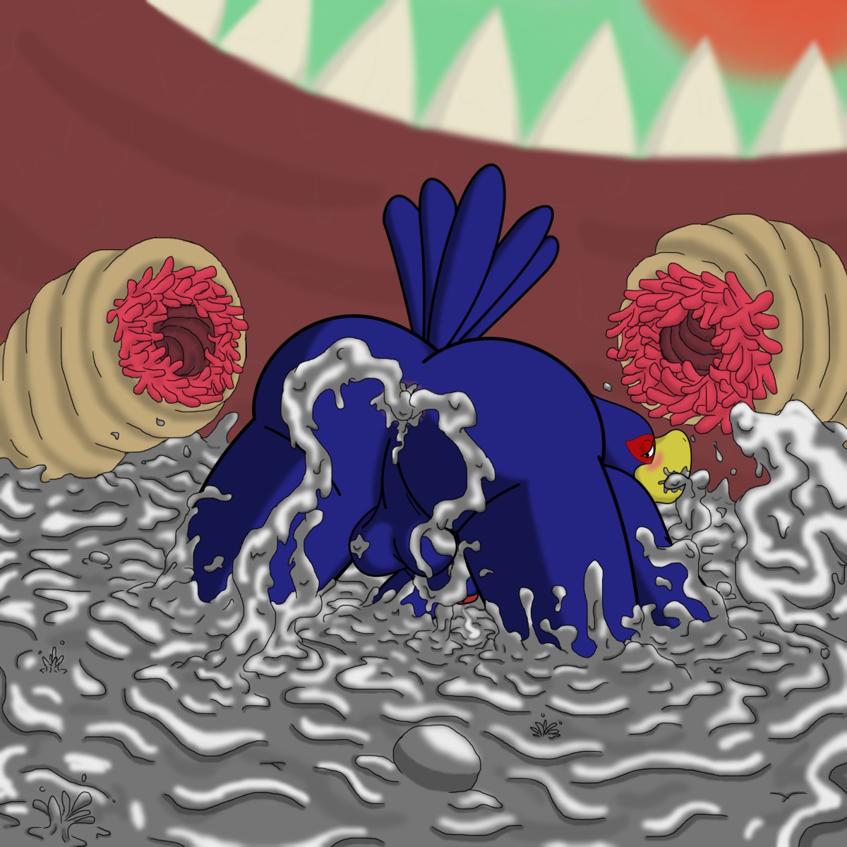 1:1 ambiguous_gender anal anal_penetration anthro anus avian backsack balls beak big_butt bird black_eyes blue_body blue_feathers blush bubble butt e621 erection falco_lombardi feathers foreskin genitals glistening group hi_res humanoid_genitalia humanoid_penis looking_back male monster narrowed_eyes nintendo nude open_mouth partially_retracted_foreskin penetration penis presenting presenting_hindquarters red_body red_skin shadow sharp_teeth solo_focus squint star_fox tan_body tan_skin teeth unknown_artist vore what