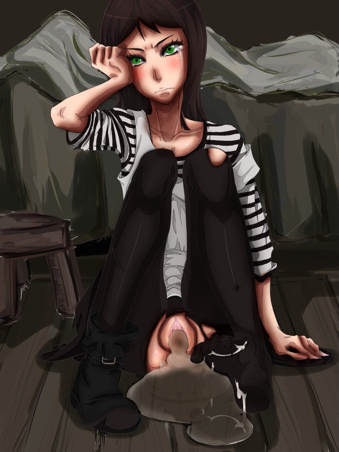 1girls 2d after_rape after_sex alice_(madness_returns) alice_in_wonderland alice_liddell alice_madness_returns american_mcgee's_alice artist_request ass blush brown_hair clitoris cum cum_on_body cum_on_lower_body cum_pool cumdrip draining feet female female_only green_eyes highres pussy rule34 solo solo_female tears urethra
