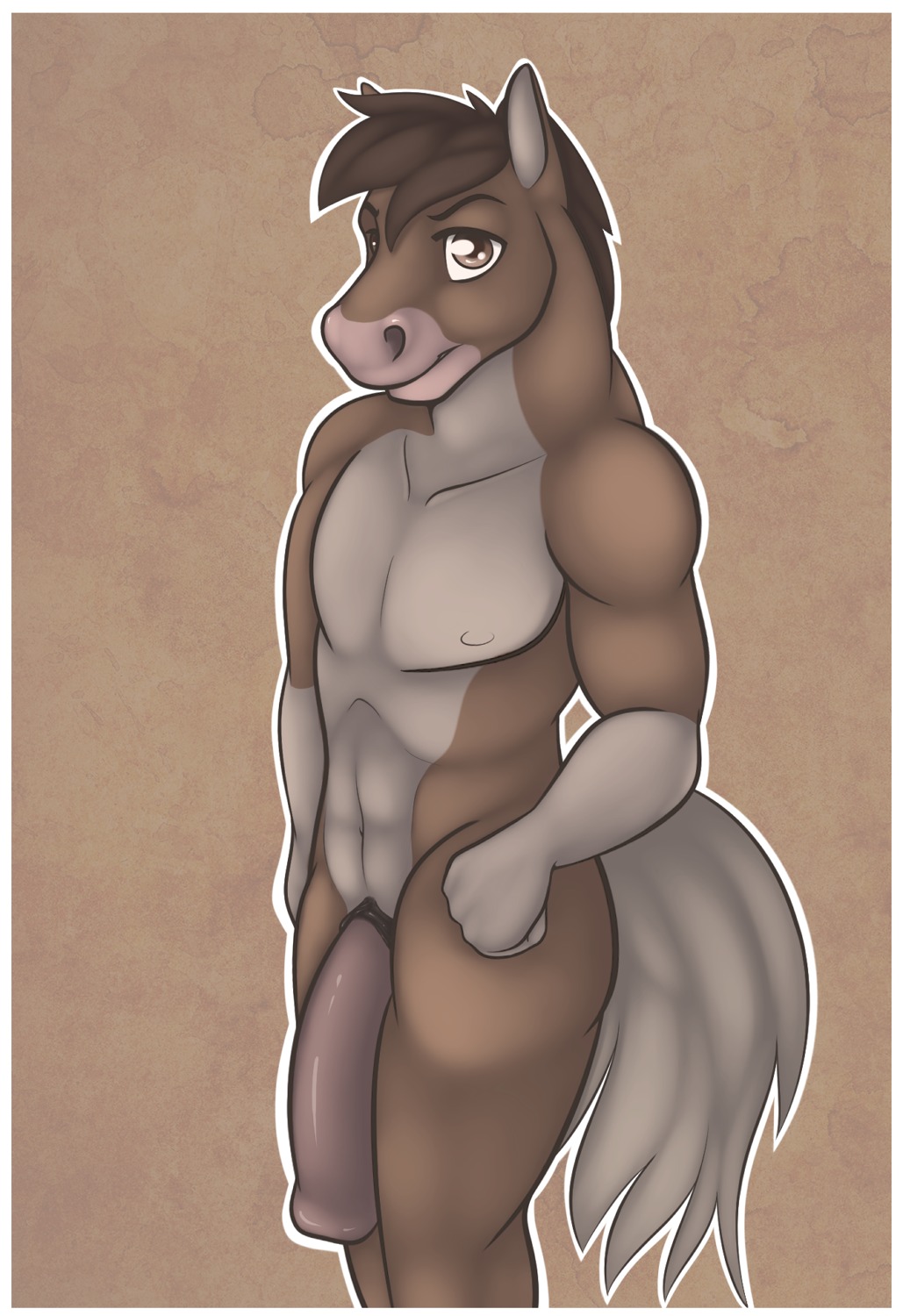 2012 abs animal_genitalia animal_penis anthro athletic biceps big_penis biped border brown_body brown_eyes e621 equid equine equine_genitalia equine_penis flaccid fur genitals hair hi_res horse looking_at_viewer male mammal muscular muscular_anthro nipples nude pecs penis sheath solo standing vannie white_border