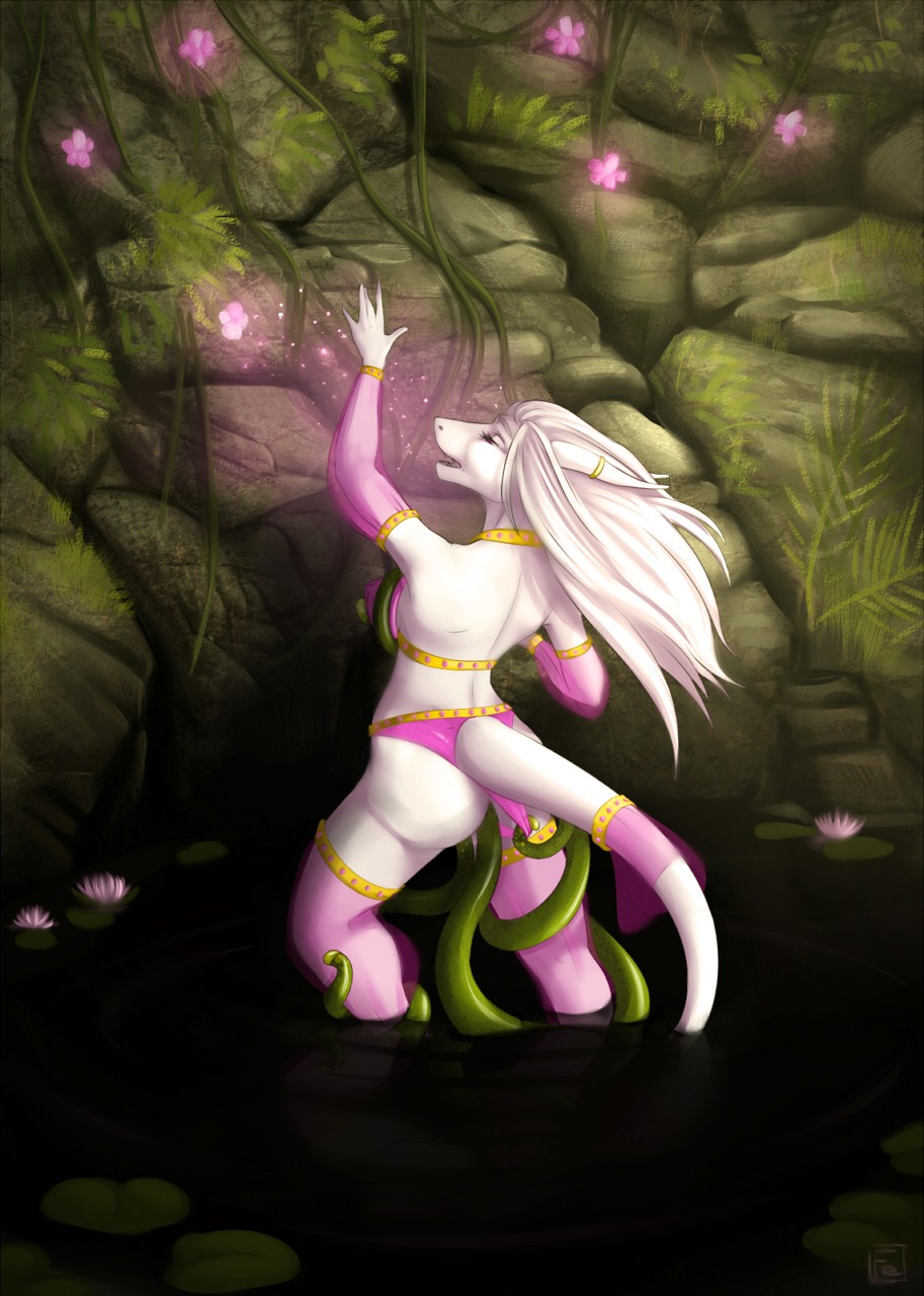 anal anal_penetration breasts butt clothed clothing dragon e621 eyes_closed female hair harem_outfit hi_res horn little.sparrow mythological_creature mythological_scalie mythology non-mammal_breasts open_mouth penetration scalie sha'ra_(fariday) skimpy solo tail tentacles vaginal vaginal_penetration water white_body white_hair white_skin