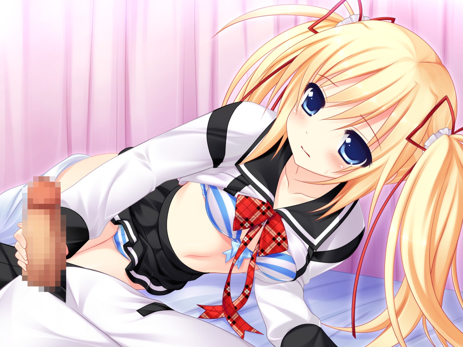 blonde_hair blush bra censored female game_cg makita_maki male mecha-con! panties penis rule34 sawatari_saki seifuku striped striped_panties tied_hair twintails underwear