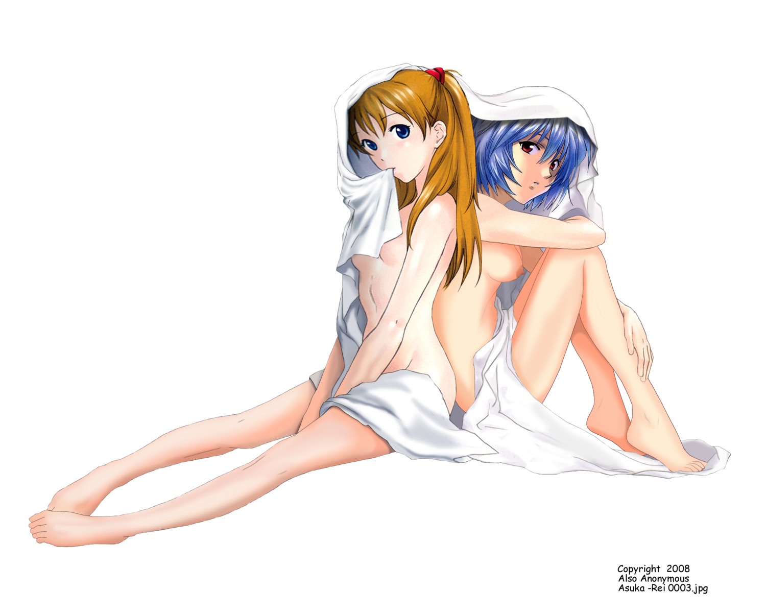 2girls also_anonymous asuka_langley_sohryu blue_eyes blue_hair breasts brown_hair female hair human light-skinned_female light_skin long_hair looking_at_viewer multiple_females multiple_girls neon_genesis_evangelion nipples orange_hair pale-skinned_female pale_skin posing red_eyes rei_ayanami rule34 short_hair small_breasts white_background