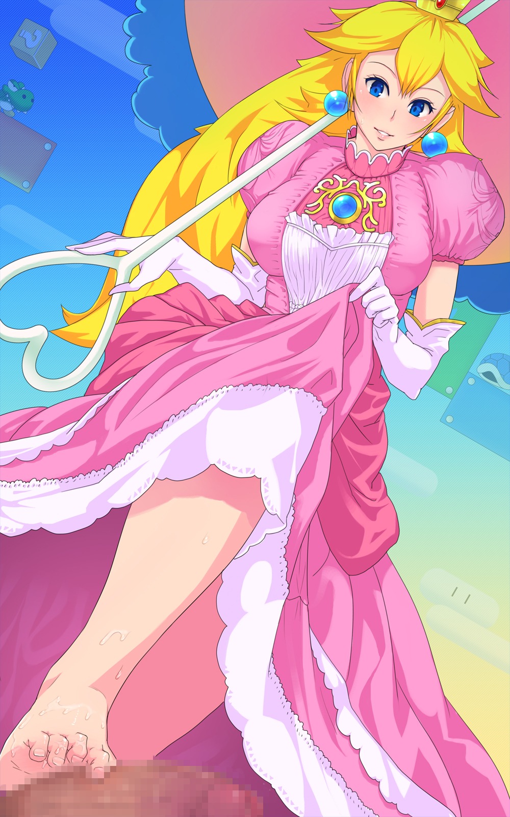 barefoot blonde_hair blue_eyes censored crown dress dutch_angle earrings elbow_gloves feet female footjob gloves highres jewelry long_hair male mario mario_(series) mosaic mosaic_censoring nintendo parasol penis pink_doragon princess_peach rule34 skirt skirt_lift super_mario_bros. turtle_shell umbrella
