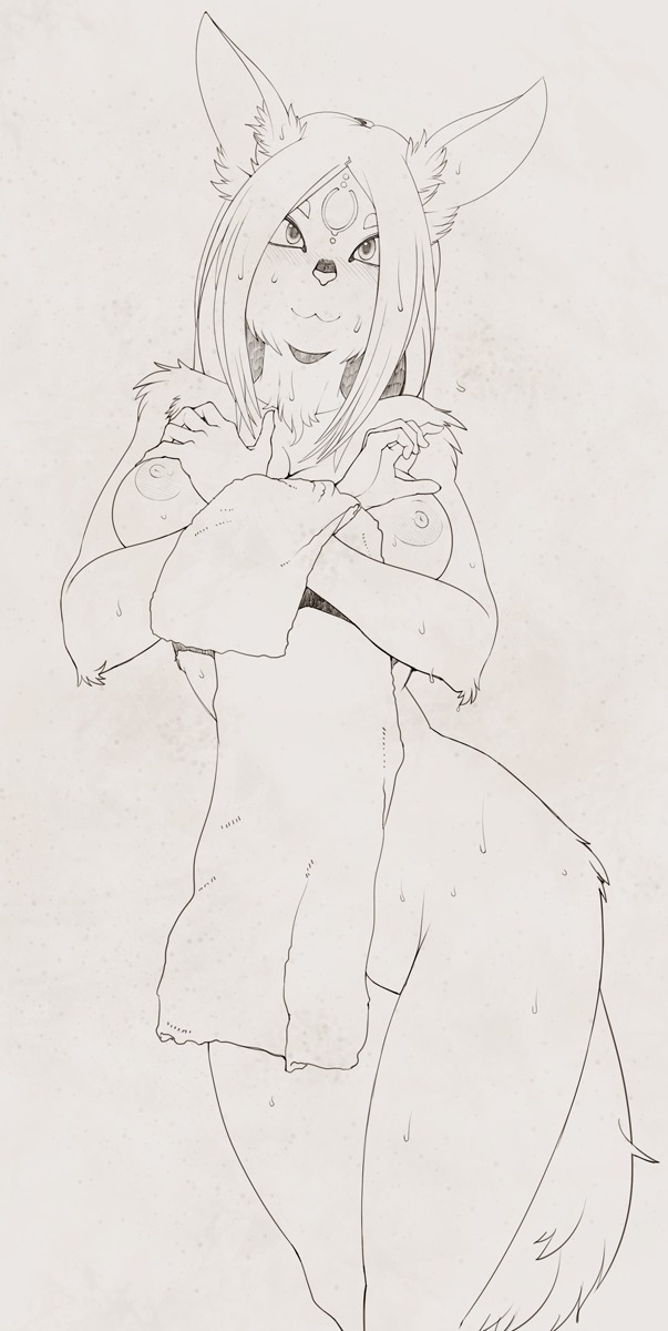 anthro biped breasts canid canine e621 female fox hair hi_res line_art long_hair looking_at_viewer mammal markings monochrome nipple_dip nipples pose sindoll solo standing tail towel