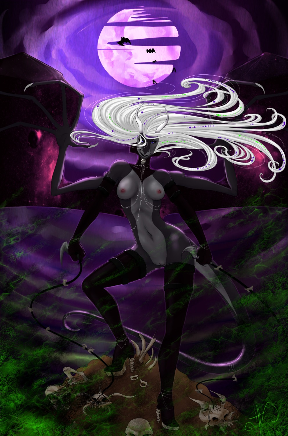 ambient_bat ambient_flier ambient_silhouette anthro bat biped bone boots breasts clothing cosmic_flesh cosmic_wings curved_horn digital_media_(artwork) dragon e621 european_mythology female footwear front_view full-length_portrait genitals group hair halloween hi_res high_heeled_boots high_heels holidays horn jewelry kirianna kirianna_tatsukao_(rithnok) legwear looking_at_viewer mammal membrane_(anatomy) membranous_wings moon mythological_creature mythological_scalie mythology necklace night nipples non-mammal_breasts non-mammal_nipples nude portrait scalie shoes silhouette skull solo_focus stockings tail thigh_boots thigh_highs vulva weapon western_dragon white_hair wings yashendwirh