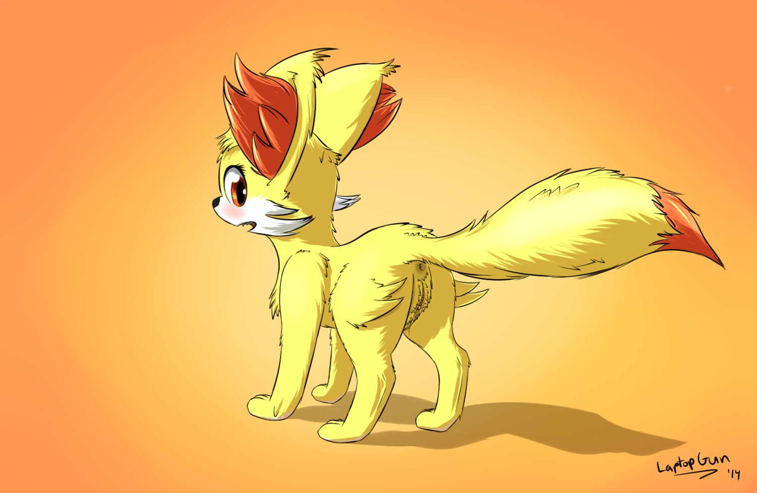 2014 anus blush bodily_fluids canid canine e621 female fennekin feral fur generation_6_pokemon genital_fluids genitals hair hi_res laptopgun looking_at_viewer looking_back mammal nintendo open_mouth pokemon pokemon_(species) red_hair solo vaginal_fluids vulva wet