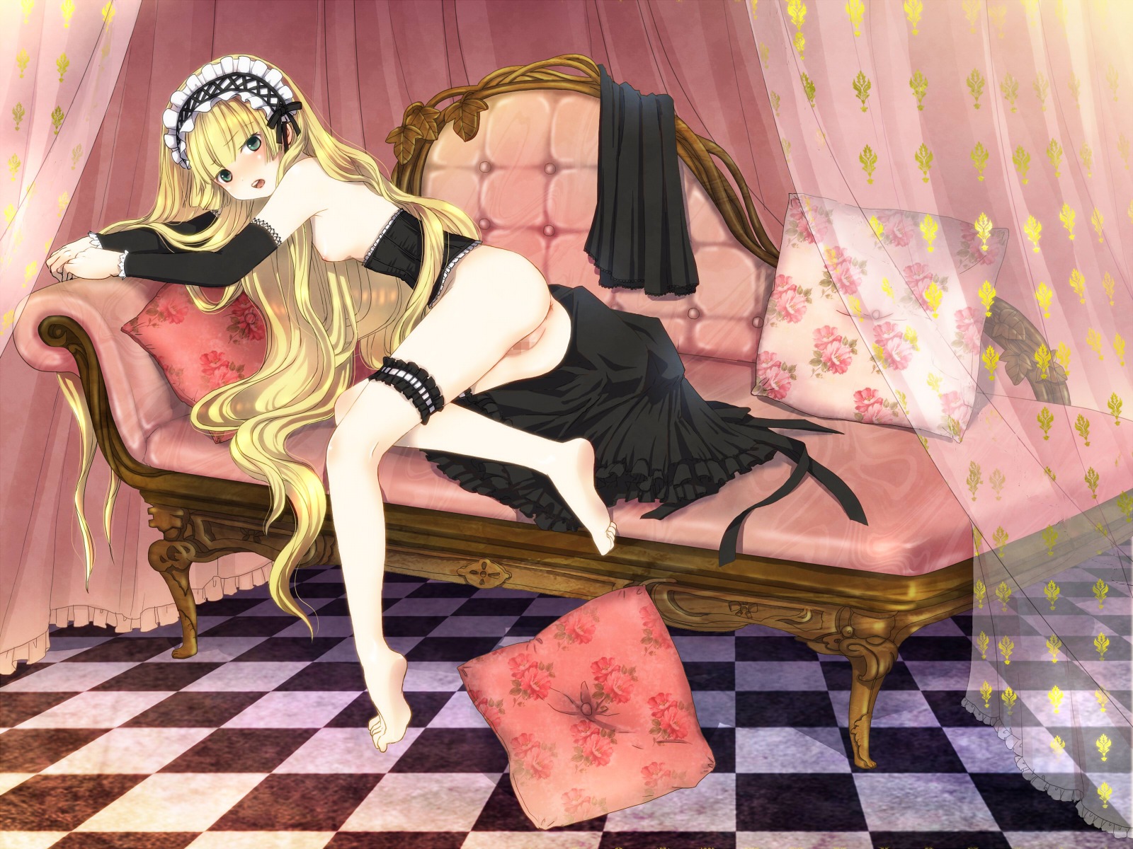 anus artist_request ass barefoot blonde_hair bottomless breasts censored chair female gosick green_eyes highres kuraichi leg_garter legs maid_uniform nipples no_bra no_panties pillow pussy rule34 solo source_request undressing very_long_hair victorique_de_blois young