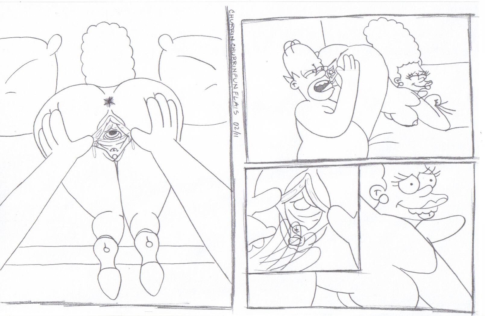 all_fours ass breasts clothes comic cunnilingus female homer_simpson human indoors male marge_simpson monochrome nipples oral pussy rule34 straight the_simpsons vulva