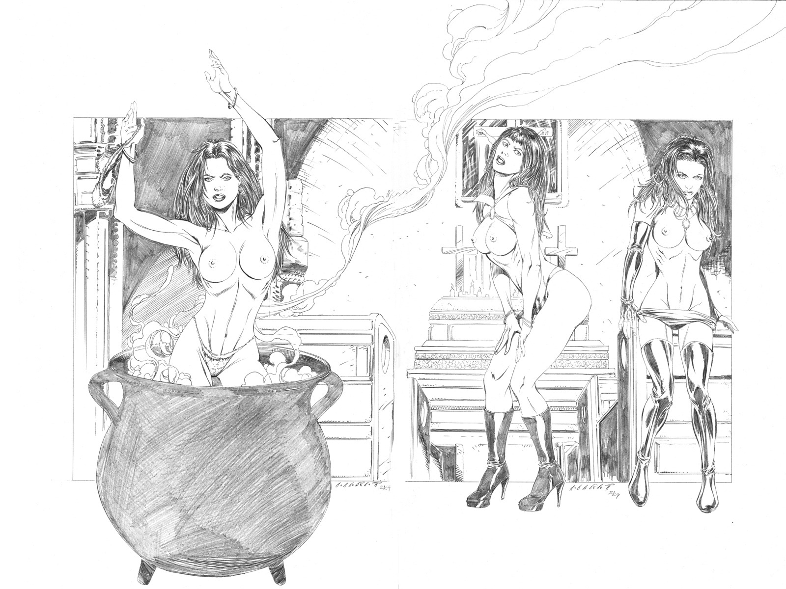 3girls breasts crossover female female_only femforce jana marat_mychaels nipples pantha_(vampirella) panties rule34 topless vampirella vampirella_(series)