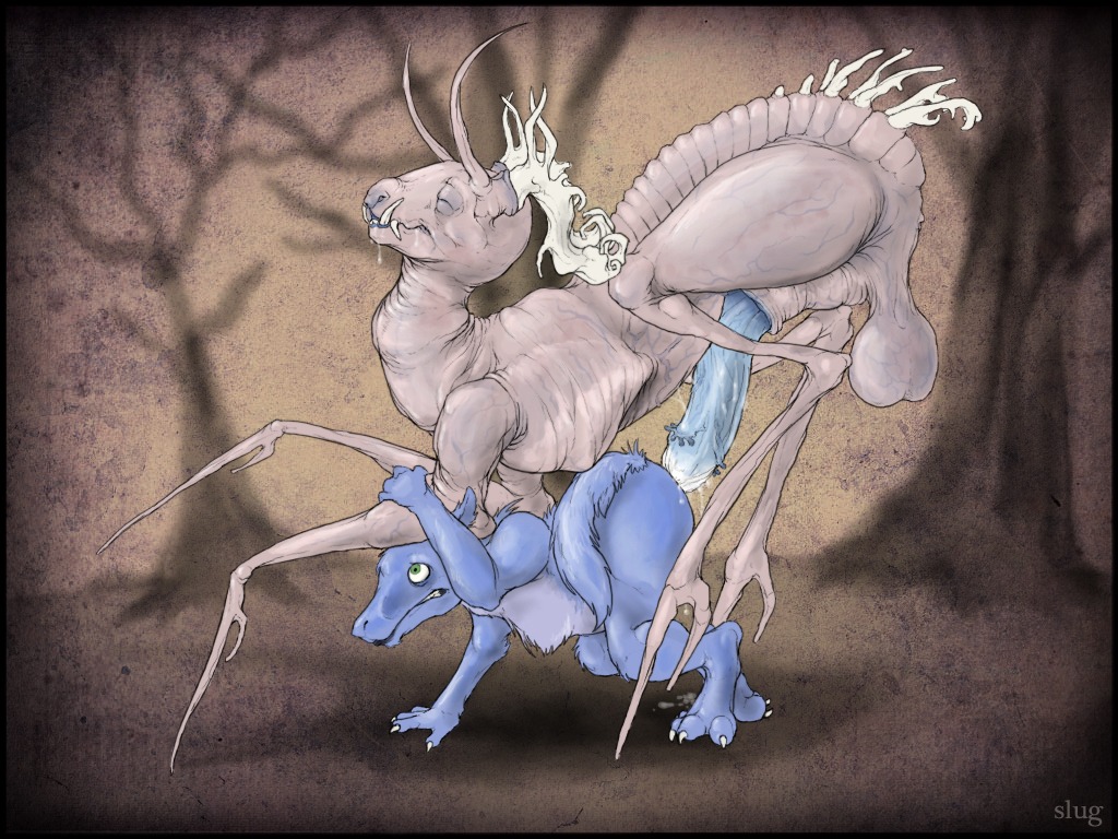 4:3 alien anal asymmetrical_horns balls bodily_fluids deformed dragon duo e621 erection fur furred_dragon furred_scalie genital_fluids genitals horn losian male male/male miggwitch_(slug) monster mythological_creature mythological_scalie mythology oddbird penis precum scalie tail what