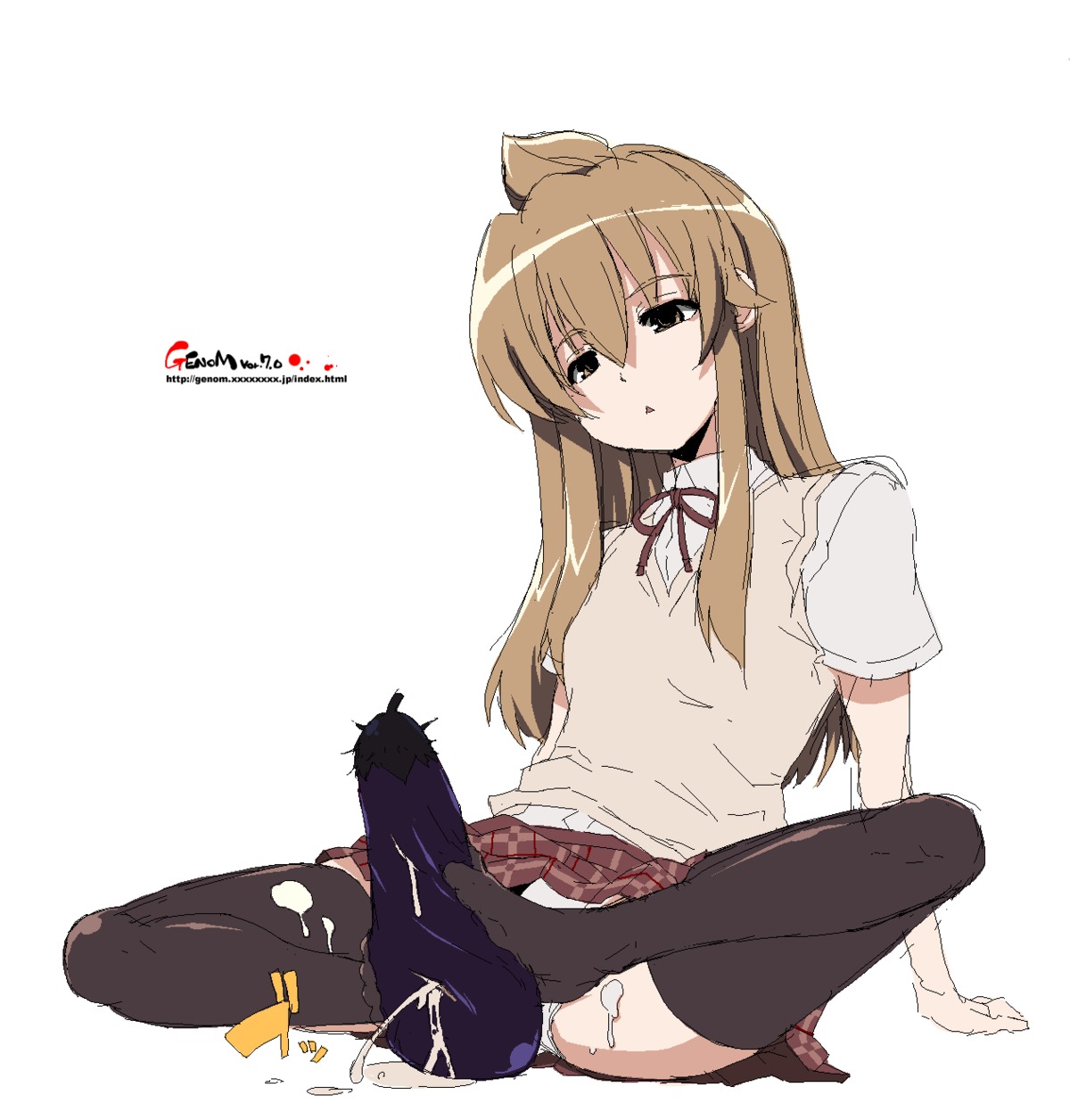 ahoge brown_hair clothing cum eggplant feet female footjob footjob_with_legwear highres long_hair minami-ke minami_chiaki oekaki onija_taro onija_tarou panties rule34 school_uniform serafuku sexually_suggestive skirt stockings sweater_vest thighhighs vest