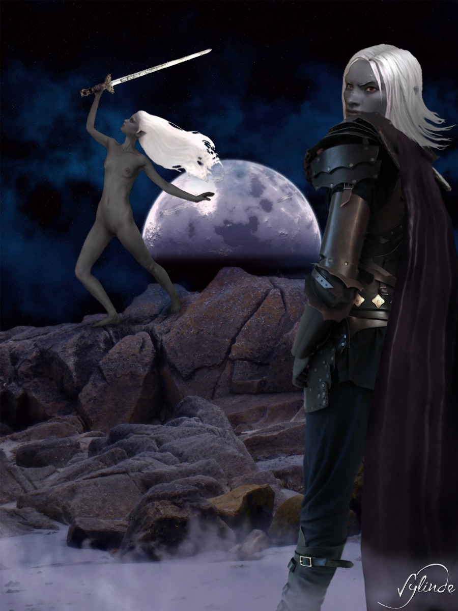 3d big_areola breasts dark-skinned_female dark_areola dark_areolae dark_elf dark_nipples dark_skin drow drow_(dnd) dungeons_and_dragons elf elf_female female flat_chest flat_chested forgotten_realms moon navel night nude priestess_of_eilistraee rule34 slim small_breasts sword sylinde white_hair