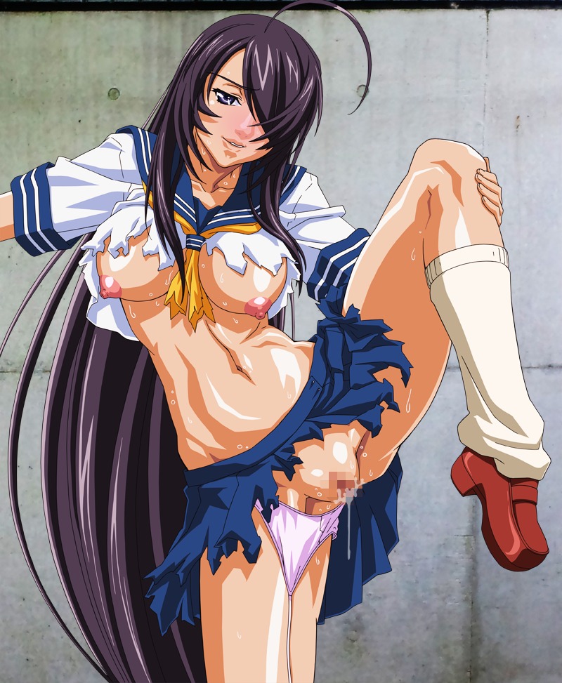 1girls blue_skirt breasts censored female female_only fingerless_gloves footwear g-string gloves ikkitousen kanu_unchou large_breasts loafers long_hair loose_socks panties pink_panties red_gloves rule34 school_uniform schoolgirl socks solo sweat torn_clothes white_socks yabusame