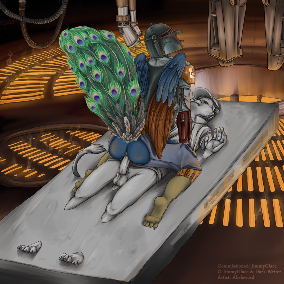 1:1 2011 anal anal_penetration anthro armor avian balls bird blue_body blue_feathers boba_fett carbonite clothing duo e621 erection feathered_wings feathers feet felid galliform genitals hat headgear headwear hi_res hindpaw indian_peafowl interspecies jimmyglace lion male male/male male_penetrated male_penetrating male_penetrating_male mammal mandalorian_armor pain pantherine paws peacock_feather peafowl penetration penis phasianid sex star_wars tail vashaa what wings