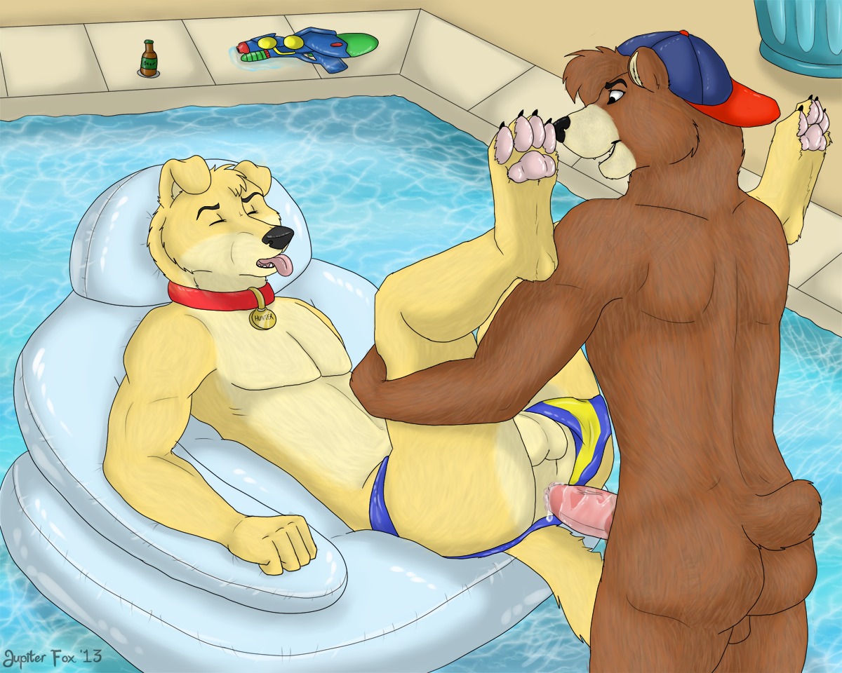 5:4 anal anthro bear canid canine canis clothing domestic_dog duo e621 feet hindpaw jupiter_fox male male/male male_penetrated male_penetrating male_penetrating_male mammal paws penetration pool_float sex speedo swimming_pool swimwear tail water