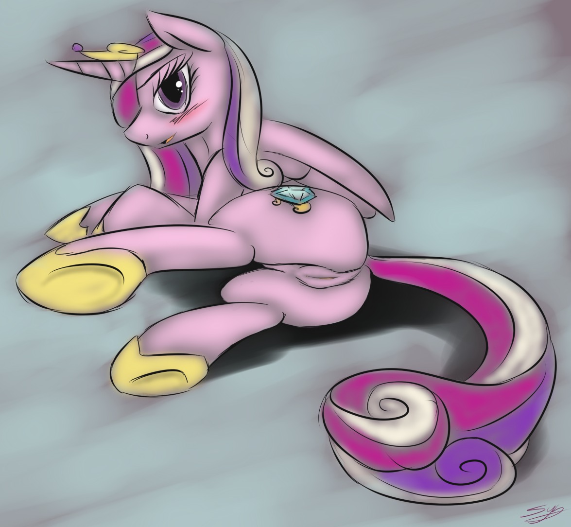 blush e621 equid equine feathered_wings feathers female feral friendship_is_magic genitals hasbro horn looking_at_viewer mammal my_little_pony mythological_creature mythological_equine mythology pink_body pink_feathers princess_cadance_(mlp) quadruped solo tail unknown_artist vulva winged_unicorn wings
