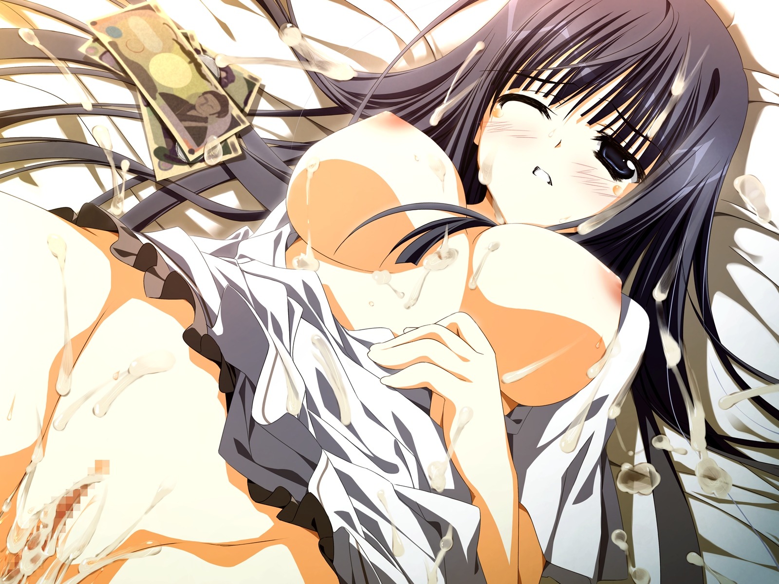 artist_request black_hair blue_eyes blush breasts censored cleavage cum cum_inside cum_on_body cum_on_breasts cum_on_upper_body erect_nipples facial female highres long_hair money nipples open_mouth prostitution pussy rule34 subarashiki_hibi takashima_zakuro undressing wink