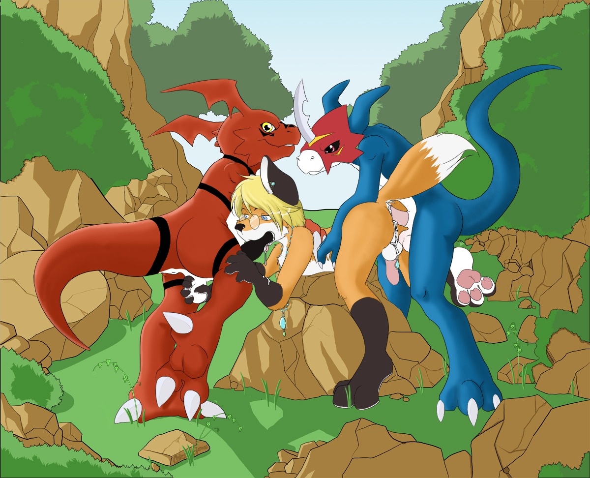anthro canine celestial digimon digimon_(species) dragon flamedramon fox furry gay guilmon male male/male male_only reptile rule34 scalie tagme yaoi