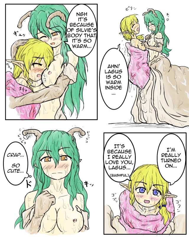 2girls blonde_hair blue_eyes blush bodily_fluids braid breasts breasts_out brown_eyes closed_eyes collarbone elf elf_ears elf_female english_text eyebrows_visible_through_hair female female_focus female_only green_hair hair_between_eyes hard_translated head_between_breasts human kaname_(artist) large_breasts long_hair monster_girl multiple_females multiple_girls naked nipples nude open_mouth pointy_ears ponytail pussy rule34 slime snail text translated unbirthing vein vore willing_vore yuri