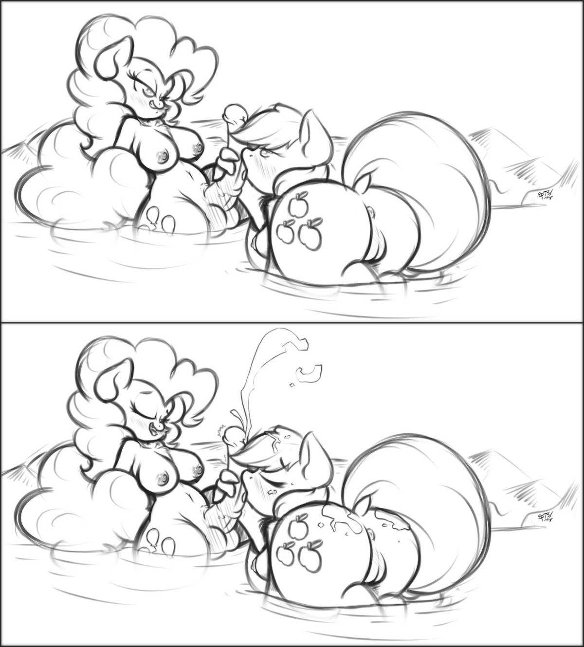 2014 animal_genitalia animal_penis anthro anthrofied anus applejack_(mlp) balls better_version_at_source big_breasts blush bodily_fluids breasts cum cumshot cutie_mark digital_drawing_(artwork) digital_media_(artwork) duo e621 earth_pony ejaculation equid equine equine_genitalia equine_penis erection eyes_closed female friendship_is_magic genital_fluids genitals gynomorph gynomorph/female hasbro hi_res horse hot_spring intersex intersex/female koffeekuma licking mammal monochrome my_little_pony oral orgasm penile penis penis_lick pinkie_pie_(mlp) pony sex tongue tongue_out vulva water